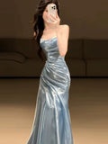 Glitter Mermaid Strapless Light Blue Sleeveless Prom Dresses Inspiration Long Night Outfits 18th Birthday Outfits HZ0311