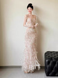 Glittery A line Spaghetti Strap With Tassels Beads Sleeveless Pink Prom Dresses Inspiration Long Night Outfits 18th Birthday Outfits HZ0311