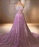 Classy A Line Strapless Lilac Sequins Prom Dresses With Silver Beads Party Gowns Long Evening Dresses HZ0311