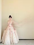 Cute Ball Gown Sweetheart Pink Flowers Long Tulle Quinceanera Dress Sweet 15 16 Dresses HZ0311