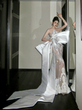 Fairy Mermaid Strapless White Sequin Wedding Dress With Beaded Bow-knot Fairytale Brides Gown Wedding Dresses HZ0311