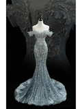 Vintage Mermaid Off The Shoulder Silver Lace Sequin Tulle Prom Dresses For Teens Formal Dress Party Outfits Prom Gowns HZ0311