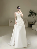 Simple Mermaid White Fit And Flare Sweetheart Long Floor Length Pleats Wedding Dress HZ0311