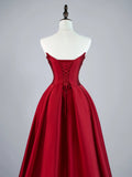 Sparkly Mermaid Strapless Burgundy Sequin Pleated With Train Satin Long Prom Dresses Formal Gowns HZ0311
