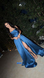 Simple A Line Strapless Royal Blue Satin With Ruffles Split Long Prom Dresses Impress 18th Birthday Outfits Party Gown HZ0311