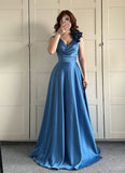 Chic A line V Neck Royal Blue Satin Pleated Sleeveless Long Party Women Prom Dresses HZ0311