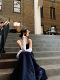 Sexy A Line Strapless Navy Blue Satin Prom Dresses With Gloves Party Dress Evening Dresses HZ0311