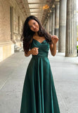 Vintage A Line Spaghetti Strap Dark Green Satin Slit Prom Dresses For Teens Formal Dress Party Outfits Prom Gowns HZ0311