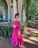 Simple A Line Strapless Hot Pink Sleeveless Long Prom Dresses With Split Classy Prom Gowns HZ0311