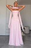 Elegant A line Prom Dresses With Scarf Chiffon Pleated Ruched Ruffle Strapless Pink Formal Evening Dress Party Gowns HZ0311