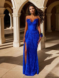 Red Strapless Beaded Fringe Waist Sequin Prom Dress with High Slit For Women HZ0311