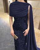 Elegant Sheath Navy Blue Sequins With Cape Long Formal Fancy Prom Evening Dress Dinner Outfits Classy Party Gowns HZ0311