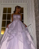 Unique Ball Gown Prom Dress Lilac Lace Formal Long Tiered Evening Party Gowns Vestidos De Dia HZ0311