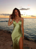 Charming Sheath Summer New V-neck Sling Super Long Beach Green Backless Lace-up Prom Dresses Evening Outfits Formal Dress HZ0311