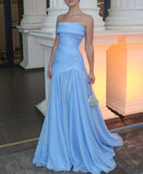 Gorgeous Chic Blue Strapless Sleeveless A Line Long Prom Dresses With Pleated Formal Gowns HZ0311