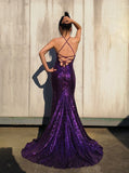 Sexy Mermaid Spaghetti Straps Grape Sequins With Slit Evening For Women Party Dresses Long Formal Prom Dresses 21st Birthday Gowns HZ0311