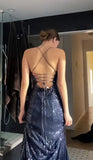 Sexy Black Spaghetti Straps Black Sequin With Slit Lace-Up Mermaid Long Prom Dresses HZ0311