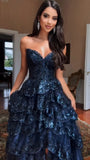 Chic Ball Gown Sweetheart Navy Blue Lace Slit Prom Dresses Long for Women Formal Evening Gown HZ0311