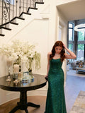 Sparkly Mermaid Spaghetti Straps Sequin Dark Emerald Green Long Prom Dresses Impress 19th Birthday Outfits Party Gown HZ0311