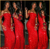 Gorgeous Mermaid Off The Shoulder Red Sequins Beaded Bodice Prom Dresses Long Formal Party Gown HZ0311
