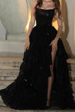 Sparkly Ball Gown Strapless Black Prom Dresses Fashion Evening With Slit Sequin Long Formal Party Gowns HZ0311