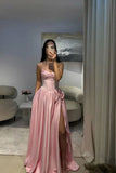 Gorgeous Baby Pink Sweetheart Satin Prom Dresses Sleeveless High Slit Gem With Pleats Vestidos De Dia HZ0311
