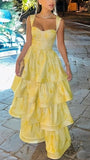 Yellow Printing Yellow Satin A-Line Tiered Sleeveless Long Prom Formal Dress Vestidos De Dia HZ0311