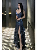 Chic Mermaid Halter Spaghetti Strap Long Prom Dresses Slit Navy Blue Long Formal Dresses HZ0311