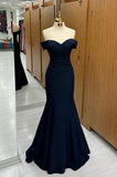Navy Blue Off-the-shoulder Sweetheart Short Sleeves Long Mermaid Prom Dress Birthday Outfits HZ0311