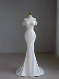 Princess Long Wedding Gowns Mermaid Off The Shoulder White Satin For Bride With Sleeves Train Bridal Dresses HZ0311