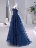 Modest A line Spaghetti Straps Navy Blue Tulle With Silver Beads Prom Dresses Long Party Dress Evening Dresses HZ0311