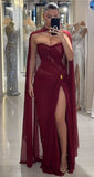 Women's Cocktail Party Gowns Sheath Sweetheart Burgundy With Cape Slit Pleated Long Graduation Dinner Outfit Prom Dresses HZ0311