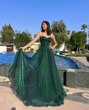 Modest long A line spaghetti straps dark green sequins prom dress Formal Party Gown HZ0311