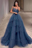 Gorgeous Dusty Blue Sparkly Tulle Beaded Prom Dress Tiered Formal Gown With Rhinestone Party Gowns HZ0311
