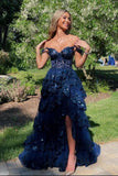 Off The Shoulder Layered Navy Blue Lace Long Prom Dress with Split Vestidos De Dia HZ0311