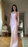 Modest Mermaid Spaghetti Strap Pink Satin Long Prom Dresses For Teens Formal Dress Party Outfits Prom Gowns With Gloves HZ0311