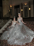 Luxurious Wedding Dresses Mermaid Style With Beaded Crystals Bodice Silver Sequin Bride Dress For Brides Fitted Bridal Gown HZ0311