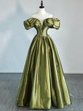 Modest Ball Gown Off The Shoulder Olive Green Satin Prom Dresses Inspiration Party Gowns Princess Formal Dress HZ0311