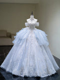 Princess Wedding Dresses Ball Gown Off The Shoulder Light Sky Blue Glitter Sequin With Appliques Long Brides Dress Fitted Bridal Gowns HZ0311