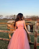 Simple A line Spaghetti Strap Pink Tulle Prom Dresses For Teens Formal Dress Party Outfits Prom Gowns HZ0311