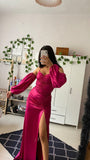Modest Mermaid Spaghetti Strap Hot Pink Satin Slit Prom Dresses Sleeveless Long Formal Party Gown HZ0311