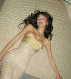 Pretty Mermaid Strapless Long Yellow Sequin Satin Party Dresses Prom Dresses Graduation Gown HZ0311