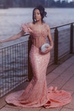 Elegant Dusty Rose Off-The-Shoulder Sweetheart Prom Dresses Mermaid Column Floor Length With Beads HZ0311
