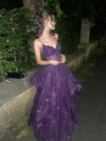 Chic Ball Gown Spaghetti Straps Navy Blue Tulle Long Prom Dresses Inspiration Party Dress Prom Gowns HZ0311