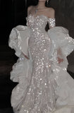 Charming Women's Mermaid Off The Shoulder Sequins Lace With Long Sleeves Wedding Dresses HZ0311