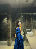 Modest A Line Spaghetti Straps Blue Ruffled Prom Dresses Long Bridesmaid Dress HZ0311