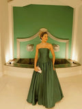 Chic A line Strapless Olive Green Satin Basque Waist Corset Sleeveless Evening Formal Prom Dresses HZ0311