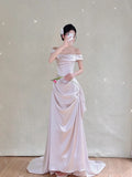Modest Mermaid Off The Shoulder Fitted Corset Light Pink Long Wedding Dress Bride Gowns Wedding Dresses HZ0311