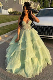Elegant Sage Prom Dress Floral Tiered Ruffles Ball Gown Sweetheart Corset Long Formal Dress HZ0311