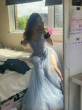 Classy A Line Spaghetti Straps Light Sky Blue Tulle Lace Long Evening Prom Dresses HZ0311
